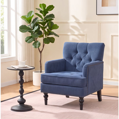 Mid-Century Modern Tufted Club Chair, Blue Corduroy Accent Chair with Button Tufted Backrest and Studded Trim, Upholstered Armchair for Living Room, Bedroom, or Reading Nook