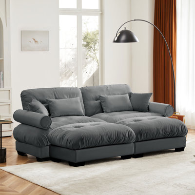 Grey Velvet Two - Seater With , Exquisite Design Round Bolster , Throw And Waist Pillows For Support, Cloud Like Seating, High Resilient Filling, Flexible Placement Over Size Modern 2 Seater Body