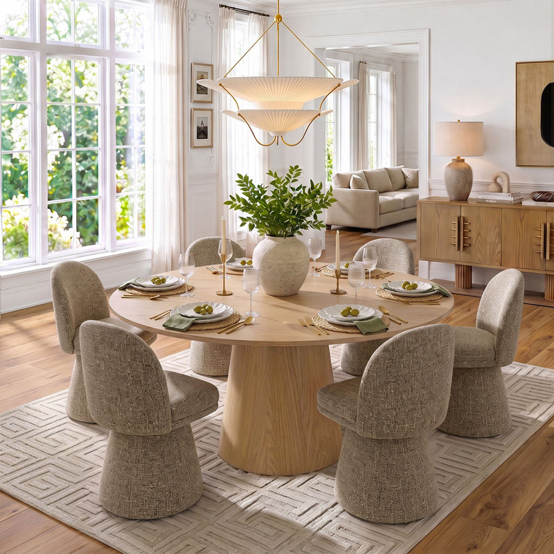 Ensemble de table de salle à manger pour 6 personnes avec table ronde en bois massif et 6 chaises pivotantes en tissu, Brun