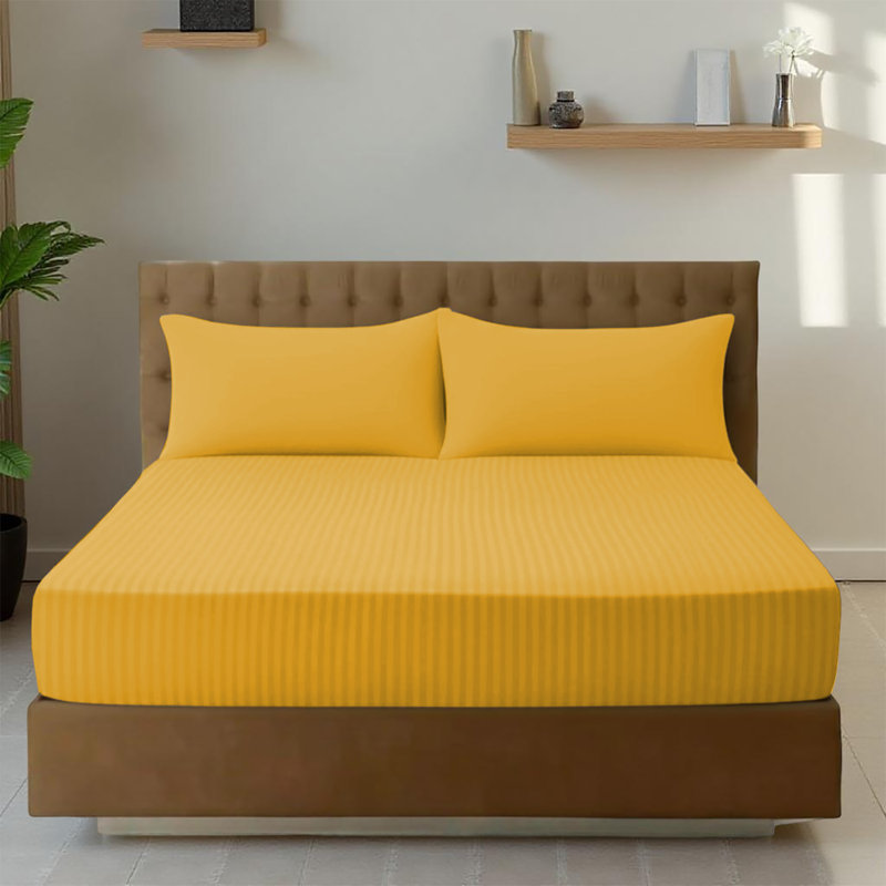 Premium Stripe Fitted Sheet - Deep Pocket, Wrinkle-Free, Ultra Soft Microfiber Bed Sheet, Ochre Striped, Double (4'6)