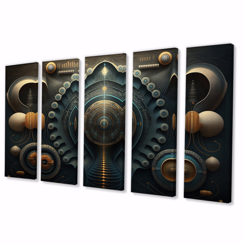 Futur harmonie Minimal Retro Soundwaves III - formes abstraites, reproduction d'art sur toile - 5 panneaux égaux