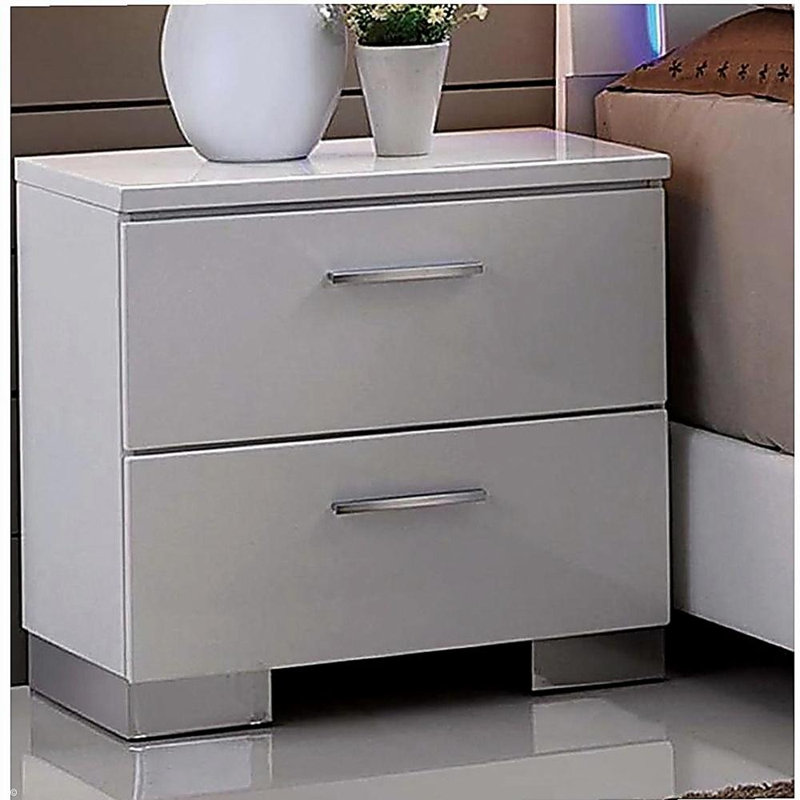 Table de chevet 2 tiroirs avec pieds chromés, blanc