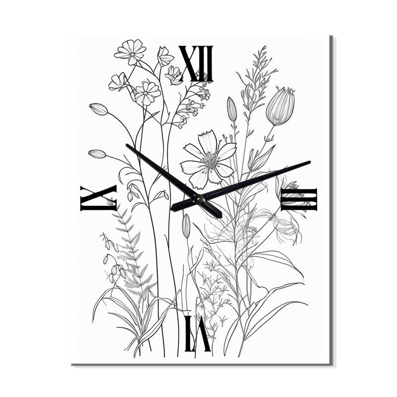 Dessin minimaliste de fleurs sauvages noir sur blanc - Horloges murales Wildflowers, Médium