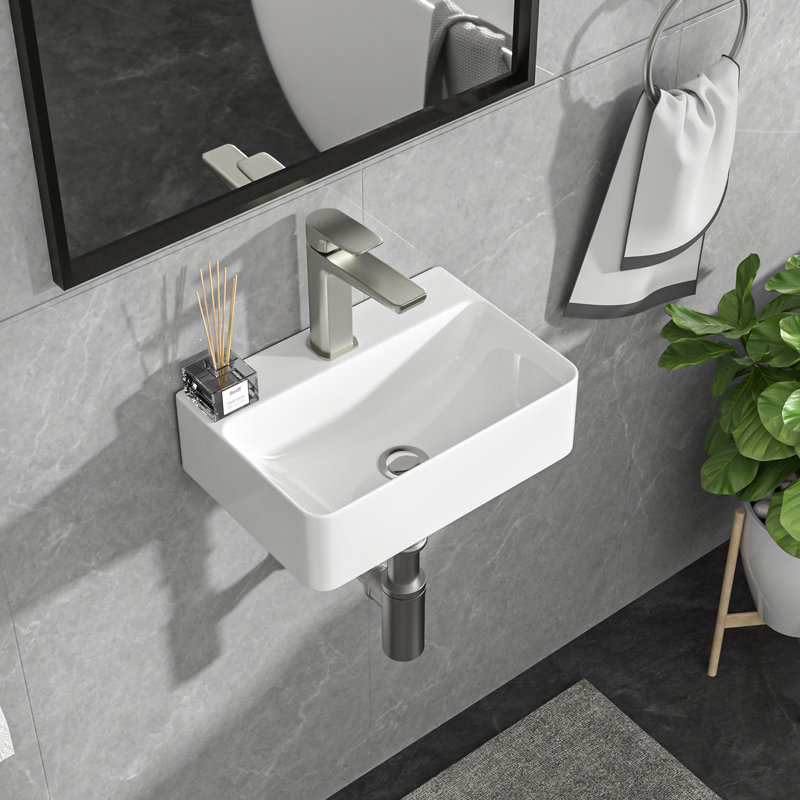 Lavabo de salle de bain mural en céramique 18 "x 10" avec trou pour robinet flottant rectangulaire blanc, L 14 po x l 10 po