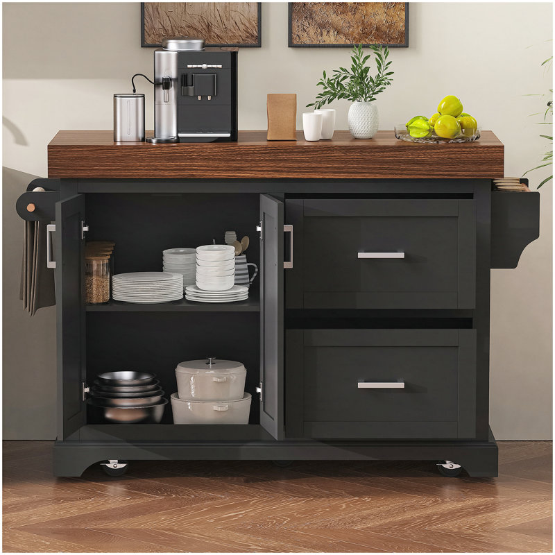 53" Large Kitchen Island with 3.5" Thick Desktop, Spice and Towel Racks, Rolling Kitchen Island with Storage on 5 Wheels, 2 Extra-large Drawers, for Home, Kitchen, Dining Room, Black