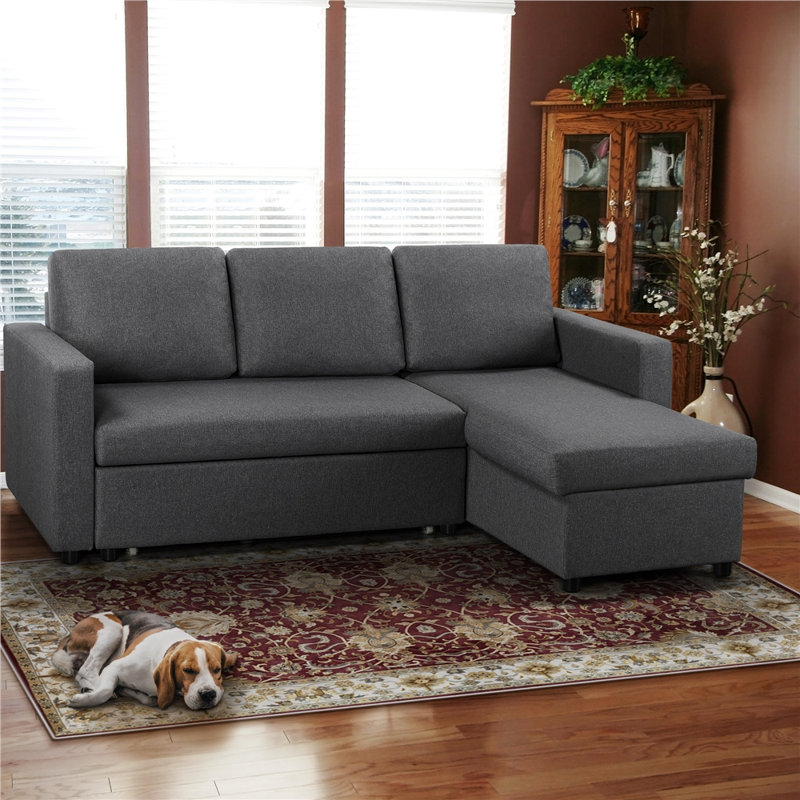 Reversible Sectional Sofa with Pull Out Bed and Storage For Limited Spaces, Dark Grey Polyester