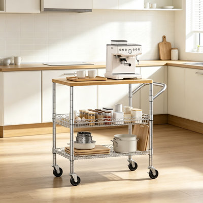 Chariot de cuisine roulant à 3 niveaux avec rangement, chariot utilitaire robuste sur roulettes, chariot de service en métal avec plateau en bois, îlot mobile multifonctionnel pour cuisine, bar et bureau
