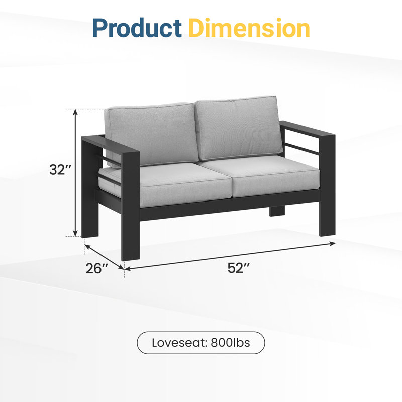 Causeuse en métal Patio Furniture, Structure noir / coussin gris clair