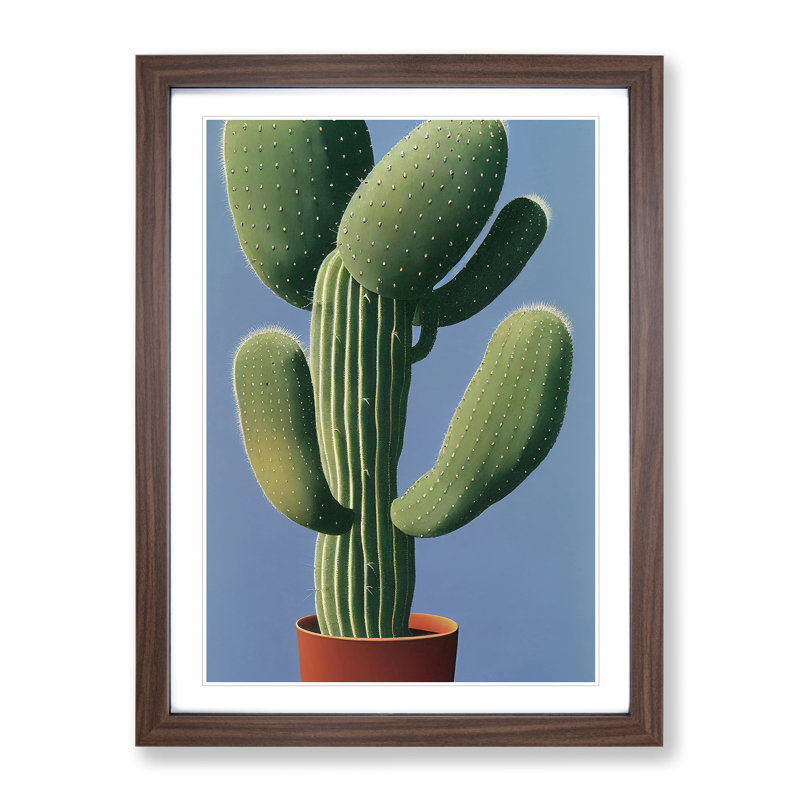 Cactus Plant - Wall Art, 36cm H x 27cm W x 2cm D, Walnut Framed, White