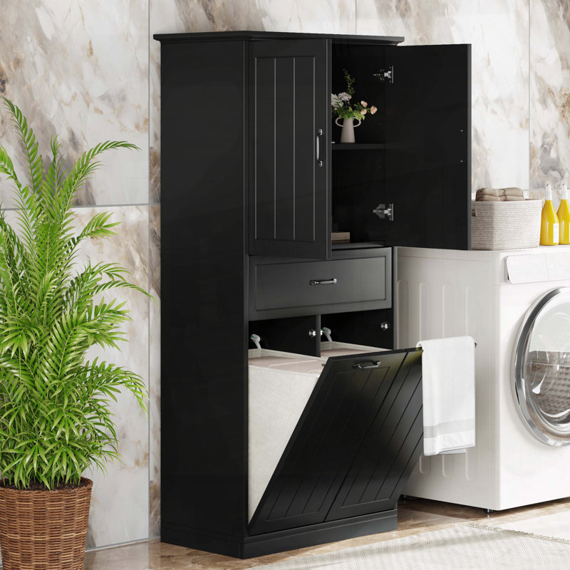 Tall Storage Cabinet with Two Laundry Baskets and Drawer - Black, Black