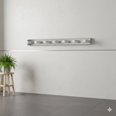 A 52-Inch Modern Vanity Light With Seven Dimmable LED Bulbs. Features A Chrome Finish With Acrylic Shades, Offering Energy-Efficient Illumination As A Wall Sconce For Mirrors, Showers, Or Bathroom Decor.