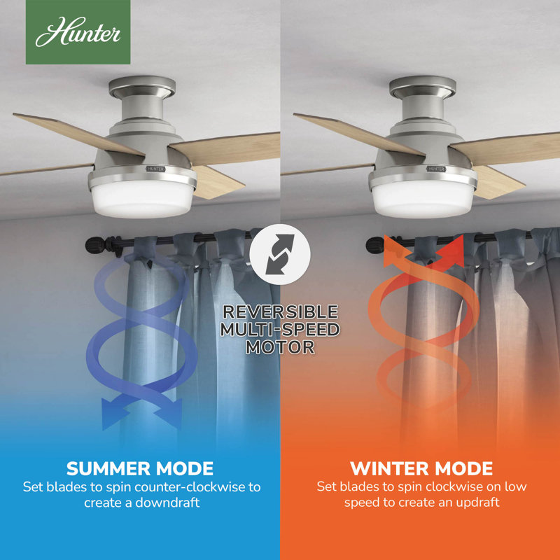 Dempsey Low Profile 44" 4 - Blade Indoor Flush Mount Small Room Ceiling Fan with Lights and Remote, Light Gray/Natural Oak