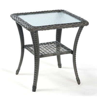  Outdoor Wicker Side Table, All-Weather Rattan Patio Side Table Bistro Table With 2-Tier Storage, Tempered Glass Top Square End Table For Indoor, Balcony, Garden, Porch, Deck, Gray