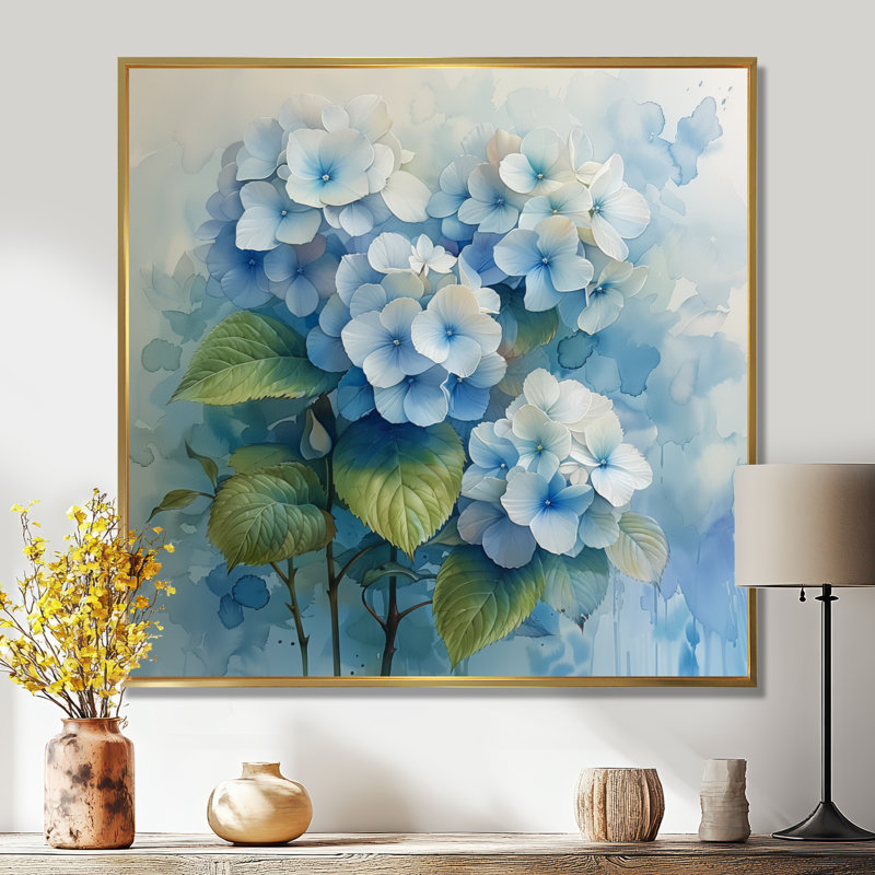 Soft Blue Hydrangea Serenade I - Hydrangea Wall Art Print, Gold Floater Framed, 30" H x 30" W