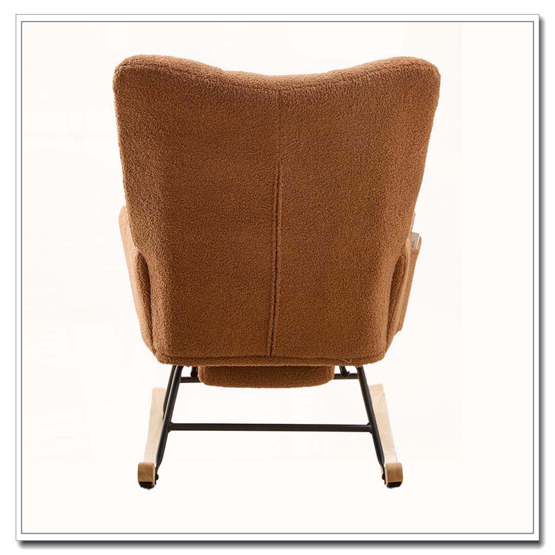 Chaise berçante à oreilles en tissu Teddy avec poche de rangement latérale, base en bois massif, sans assemblage