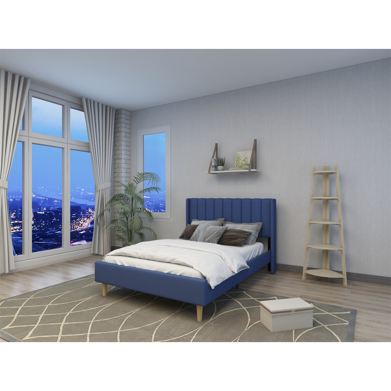 Eriksay Low Profile Upholstered Platform Bed with Wingback Headboard, Double, Dark Blue Linen
