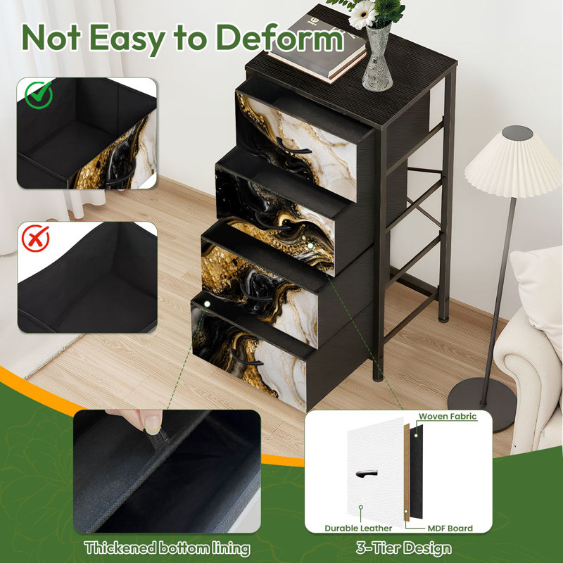Commode à 4 tiroirs pour chambre à coucher Noir or blanc liquide abstrait 3D marbré doré incrusté de veines lignes Petite commode à vêtements haute pour organisateurs de placard avec commode