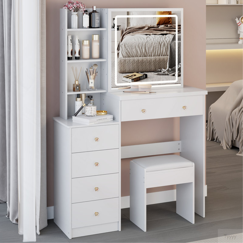 Table de chevet à DEL 37 po + tabouret rembourré à chevet gauche, grande commande tactile, miroir à découpage 3 couleurs, ensemble de meuble-lavabo de maquillage multi-couches grande capacité, EPA, GCC, certificat UL