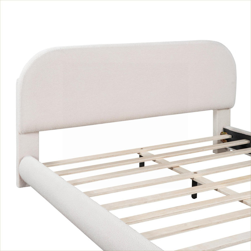 Lit plateforme rembourré en molleton beige avec finition polaire, grand pour une utilisation quotidienne dans la chambre à coucher avec un style contemporain courbé