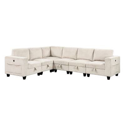 Espace de vie modulaire avec 6 sièges, velours côtelé beige et ports de chargement pour coussins de dossier modulaires amovibles pour la maison