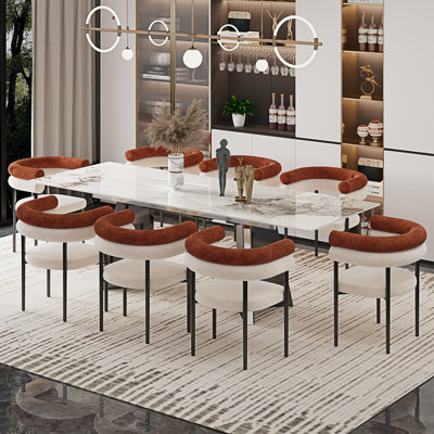 Ensemble de salle à manger 9 pièces avec table extensible rectangulaire en pierre frittée de 94,5 pouces et 8 fauteuils rembourrés