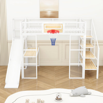Lit mezzanine double en métal avec bureau, garde-robe, panier de basketball et glissade