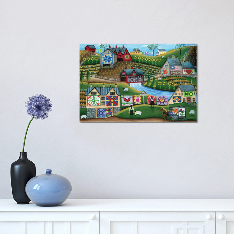 Country Harvest Folk Art Quilt Farms by Cheryl Bartley - Wrapped Canvas Print, 30.48 cm H x 45.72 cm W