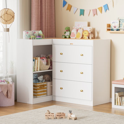 Modern Nursery Changing Table, Corner Baby Dressing Table With 3 Drawers And 2 Open Shelves, Multi Functional Diaper Changing Station For Children's R