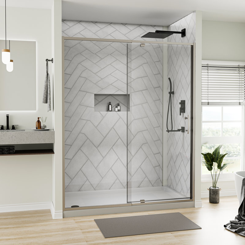Porte de douche demi-cadre à charnière pivotante avec verre transparent l 56 à 60 po x H 71 po, Nickel brossé