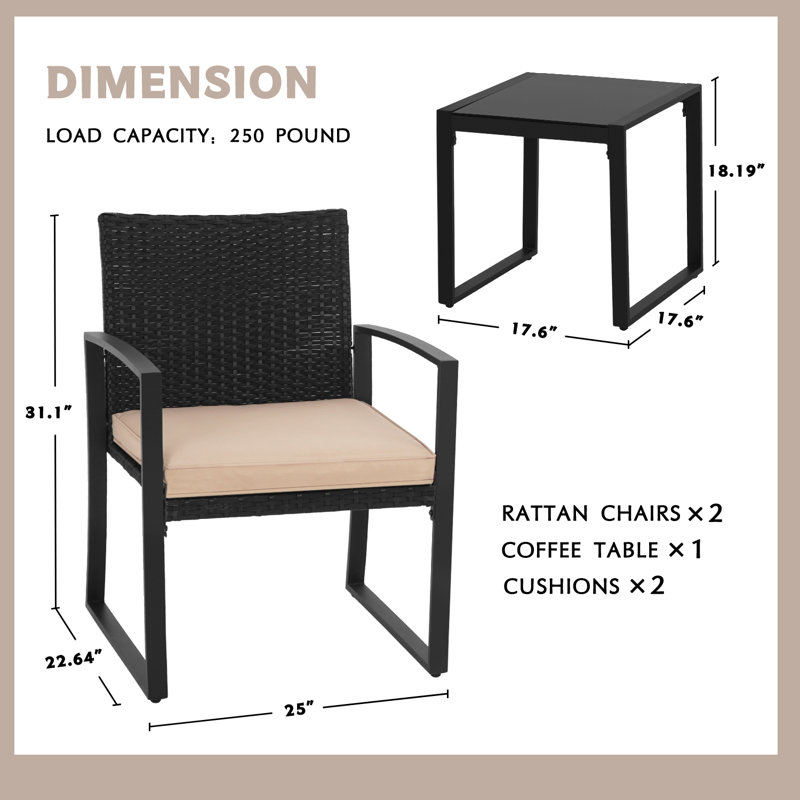 Ensemble de conversation d'extérieur en osier avec coussins 3 pièces Jipson, Brun