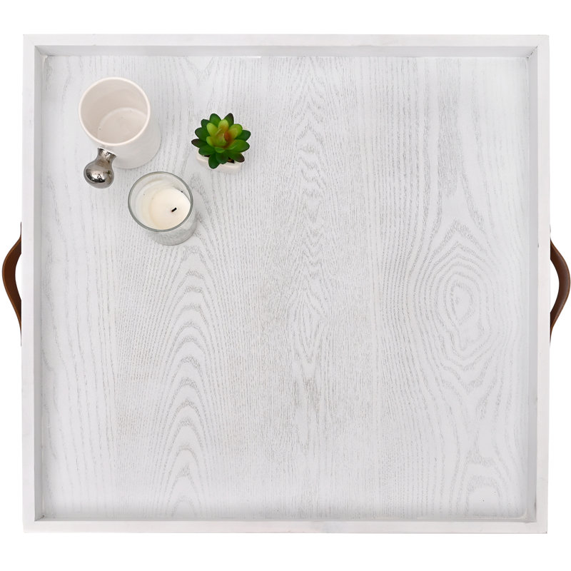 Très grand plateau de repose-pieds carré en bois 24 po x 24 po avec poignées en cuir, Blanc