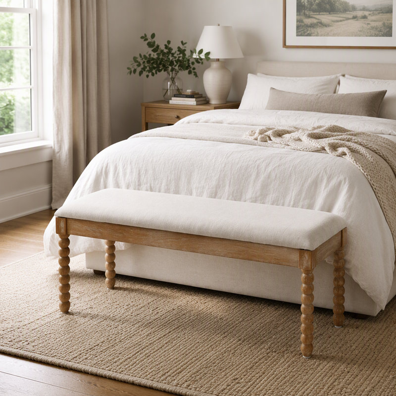 Banc de rangement en bois de style campagnard avec coussin moelleux – Pieds tournés en forme de fuseau, finition naturelle, assise recouverte de lin, style moderne du milieu du siècle pour l'entrée, le couloir, le salon et le coin lecture.