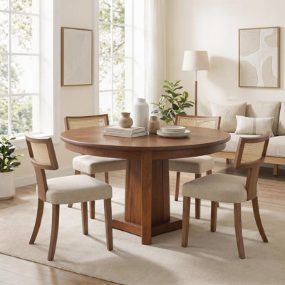 Ensemble de 6 chaises de salle à manger modernes en rotin, chaises rembourrées en lin de style campagne Mid-Century avec dossier incurvé ergonomique et pieds en bois pour la cuisine, la salle à manger et l’appartement