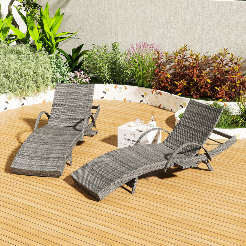 2Pcs 80" Wicker Chaise Lounge with Adjustable Backs and Integrated Side Tables for Outdoor Lounging, Gray