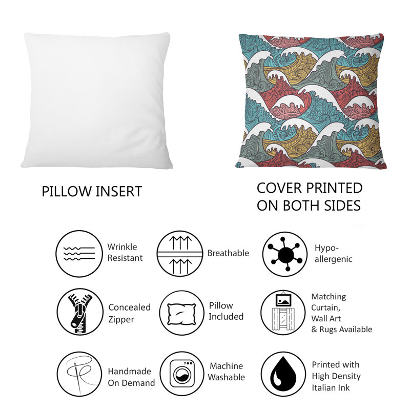 Coussin décoratif rouge et bleu avec vagues japonaises et grises