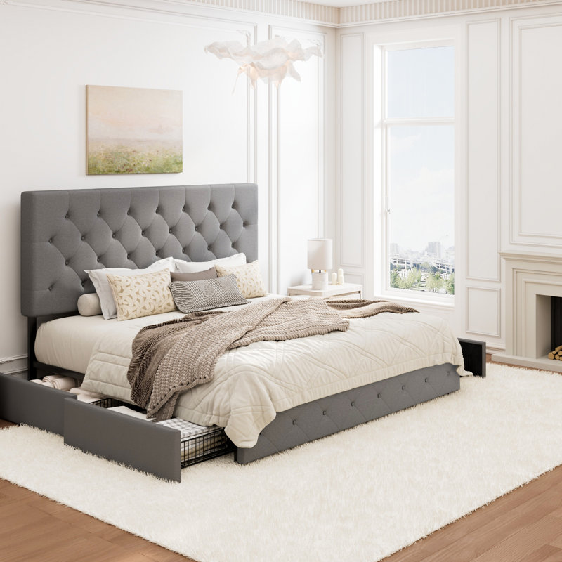 Lit plateforme avec rangement à 4 tiroirs et tête de lit réglable en lin à motif de losanges, Très grand, Gris Clair 100% Lin