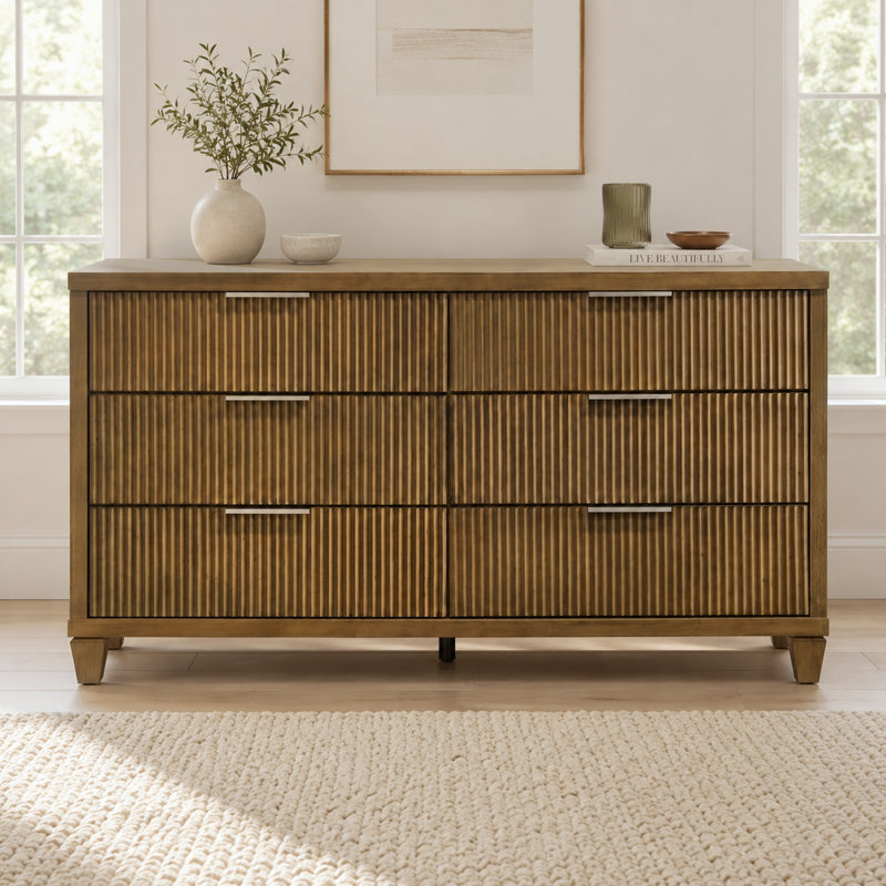 Aurelin Mid-Century Modern 54.8"W 6 Drawer Dresser, Antique Oak