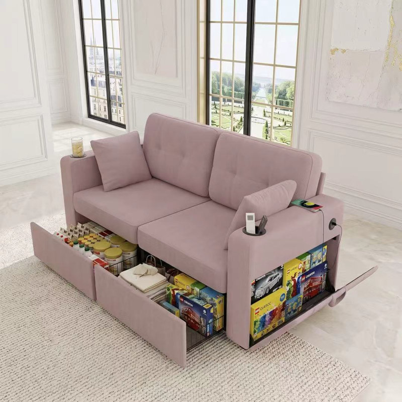 Causeuse en chenille de 67,76 po de largeur avec rangement caché, porte-gobelets et ports USB intégrés, Pink