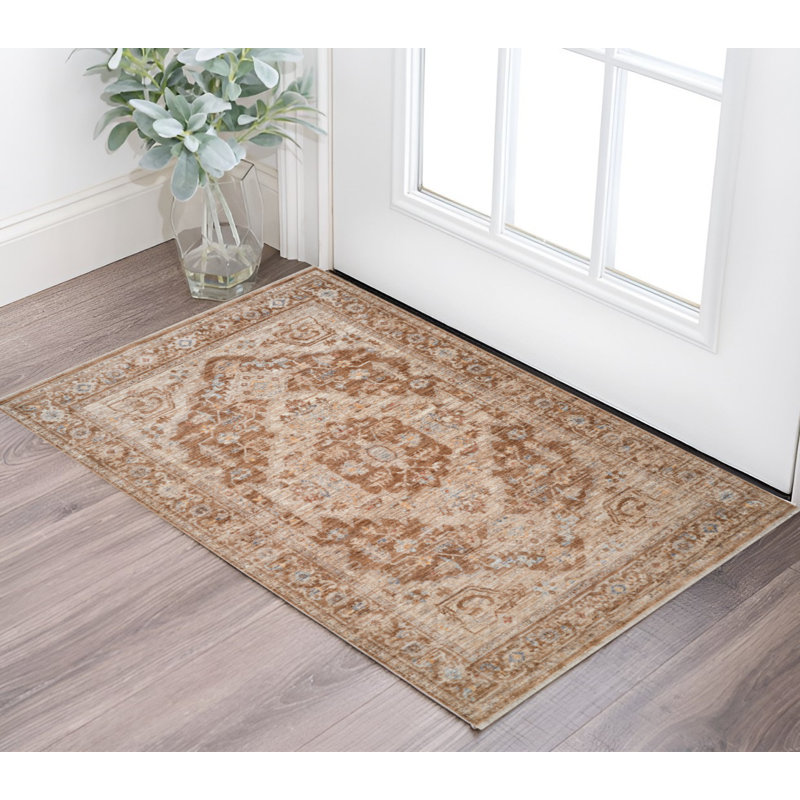Tapis médaillon floral brun et sable 2 pi x 3 pi avec frange