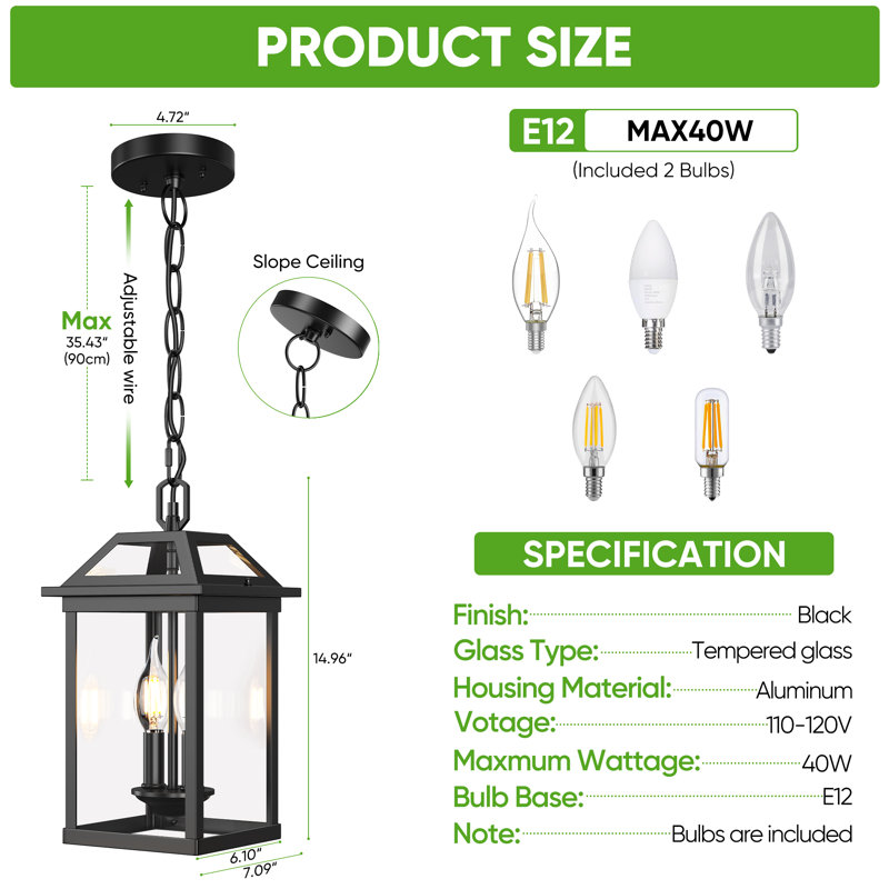 14.9”Modern Outdoor Waterproof Pendant Light with Tempered Glass and 2 Bulbs for Porch