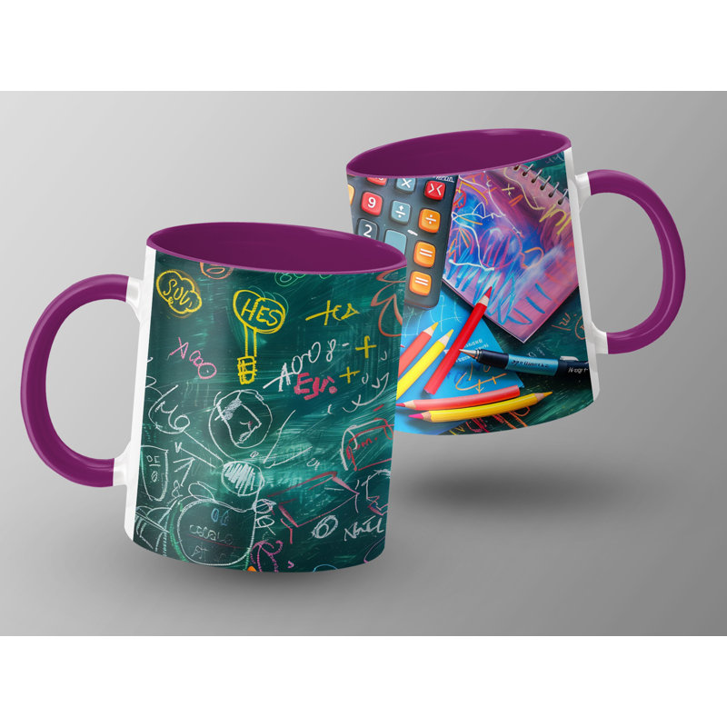Kids Drawing Style 11oz Accent Mugs – Ceramic Coffee Cup with a Purple Handle and Interior
