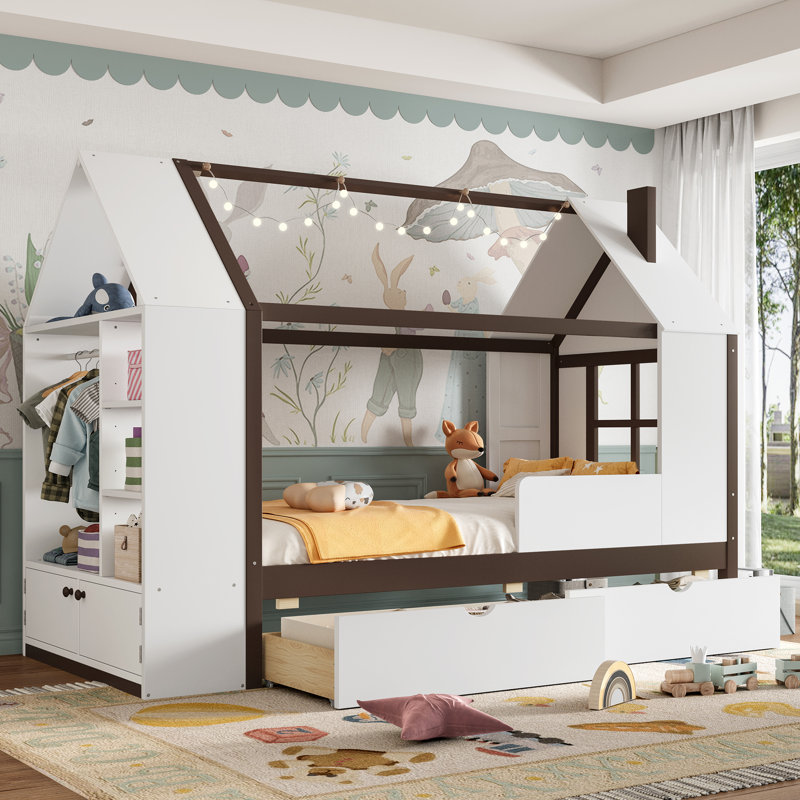 Lit plateforme simple avec tiroirs, lit maison en bois massif avec tablettes, conception enfantine, blanc et espresso