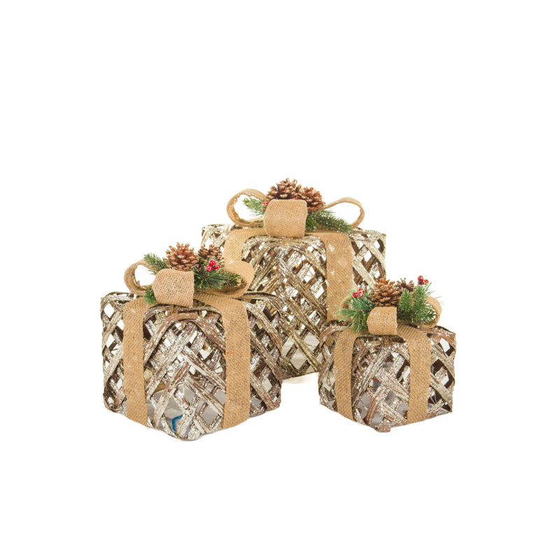 Ensemble doré de 3 boîtes-cadeaux décoratives à DEL