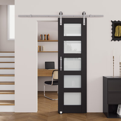 80''H 5-Lite Glass And Wood Paneled Black Primer Sliding Barn Door With Nickel-Plated Installation Hardware Kit (No Assemble Reqiured)