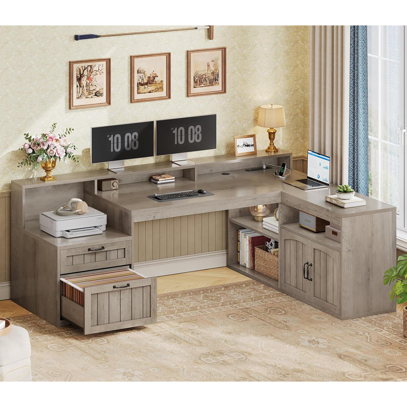 Bureau en L 63 po avec tiroirs, bureau d'ordinateur de coin Farmhouse, Gray/Gray