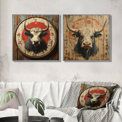 China Brown and Orange Bull Ox I - Bull Animal Wall Decor - Modern Wall Art 2 Piece