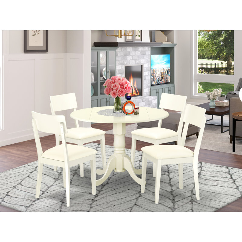 5 Piece Modern Dining Table Set Includes a Round Wooden Table with Dropleaf and 4 Faux Leather Dining Room Chairs, Linen White