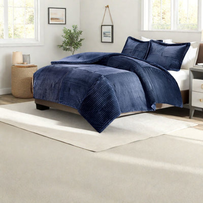 Hypoallergenic Plush Bedding Sets, Polyester Comforter With Ribbed Design, Navy Full/queen