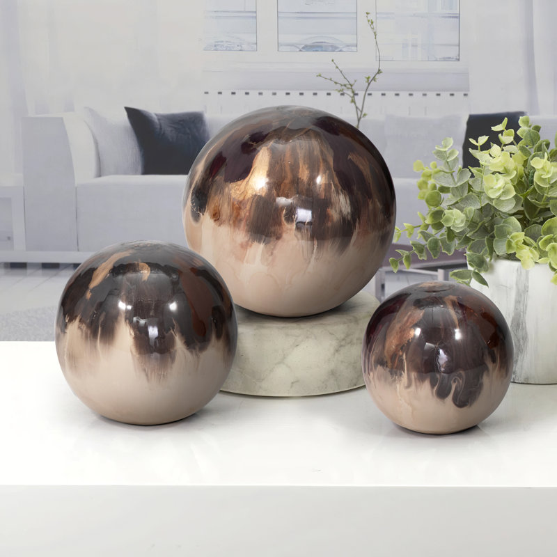 Set of 3 Decorative Iron Orbs - Modern Metal Sphere Accents for Any Space, Brown Multi