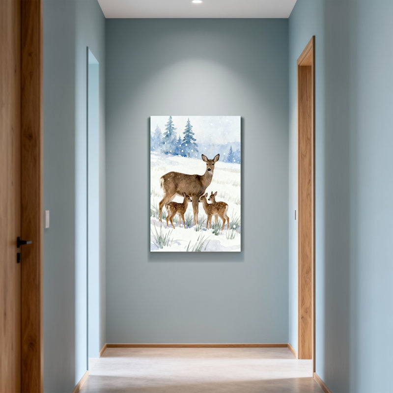 Animaux, hiver, cerf, famille, paysage enneigé, aquarelle, H 30 po x l 20 po
